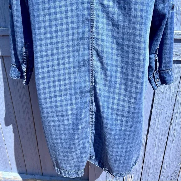 J Jill Blue Denim Check Dress Womens M Plaid Long Sleeve Button Up Distress Boho - Picture 6 of 13